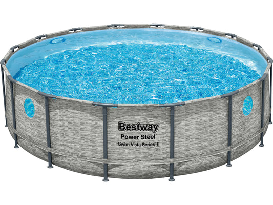 Bestway Stahlrahmenpool Set Power Steel Swim Vista Ø 488 cm x 122 cm Rund Grau