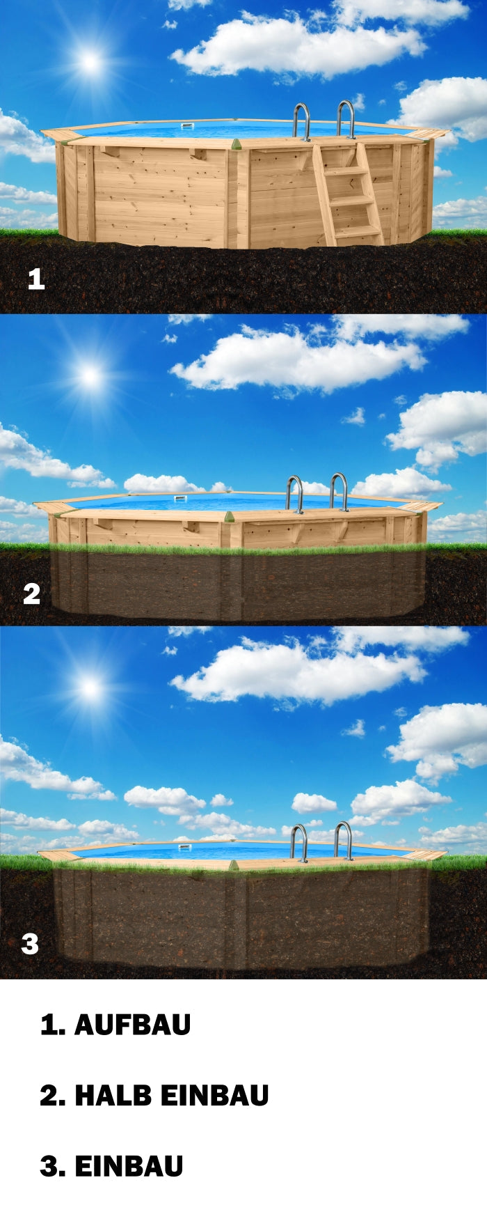 Holzpool Java 640x400x136cm Achteck Oval Super Set inkl. Poolroboter