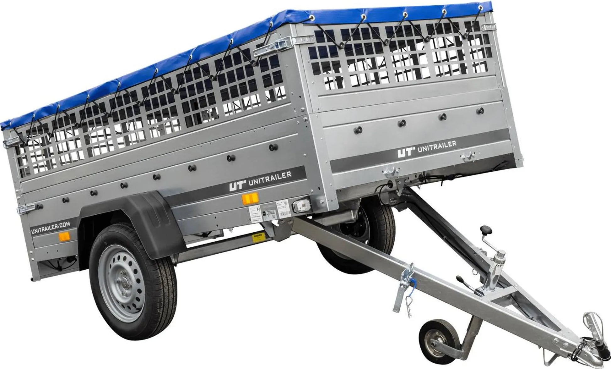 Pkw Transport Anhänger 230x125 Garden Trailer 230 KIPP mit Laubgitteraufsatz, blauer Flachplane, Planenträgern und Stützrad