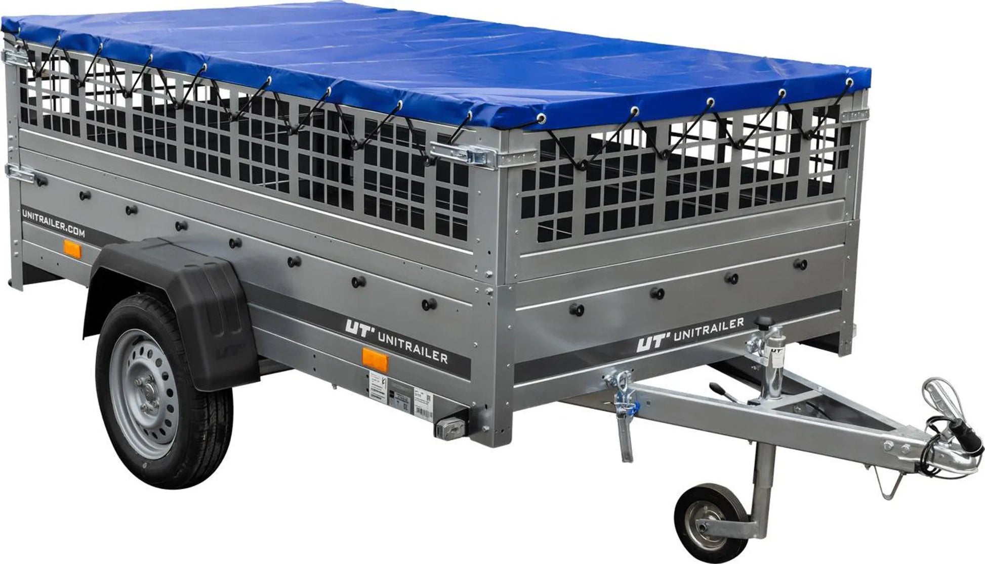 Pkw Transport Anhänger 230x125 Garden Trailer 230 KIPP mit Laubgitteraufsatz, blauer Flachplane, Planenträgern und Stützrad