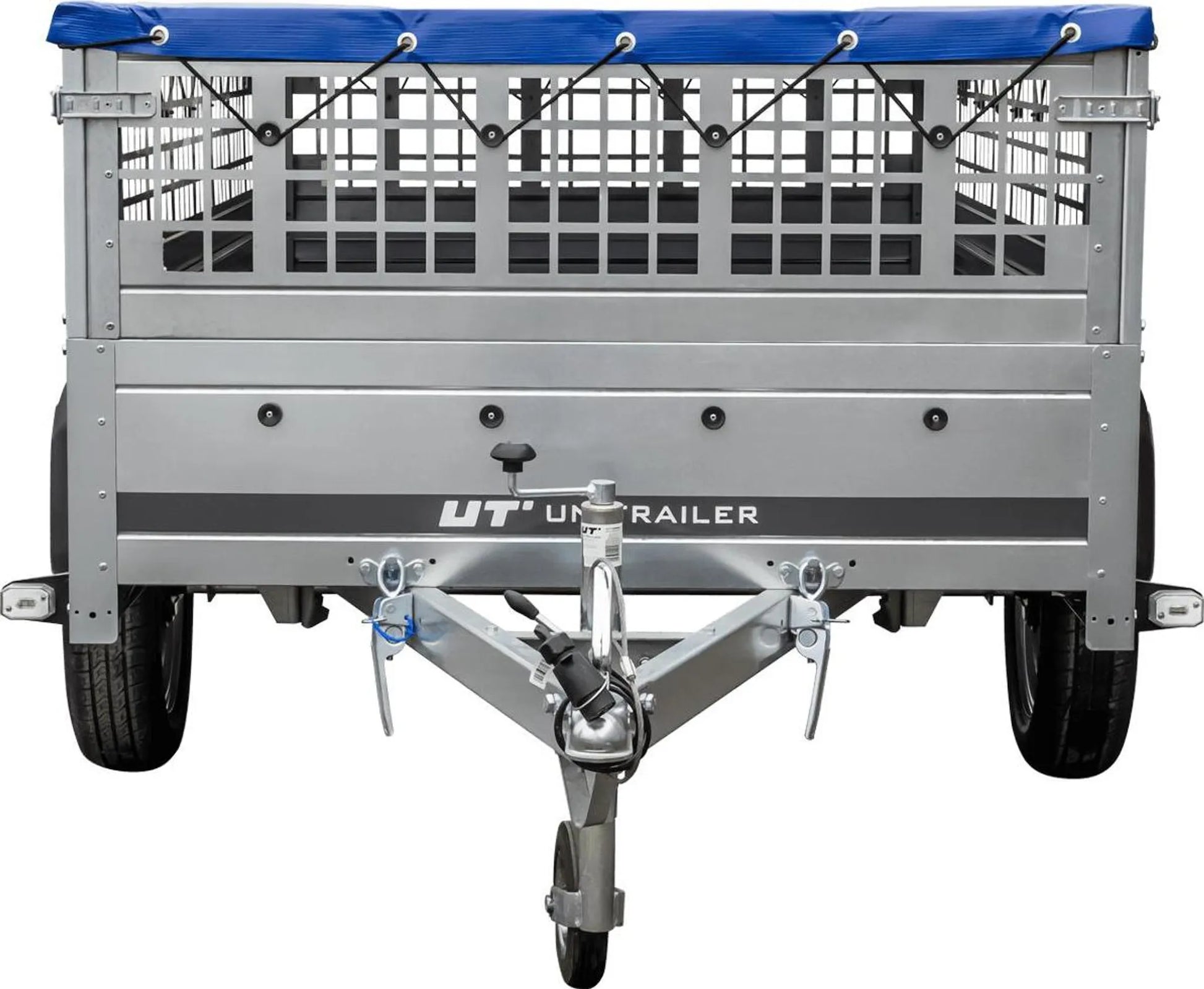 Pkw Transport Anhänger 230x125 Garden Trailer 230 KIPP mit Laubgitteraufsatz, blauer Flachplane, Planenträgern und Stützrad