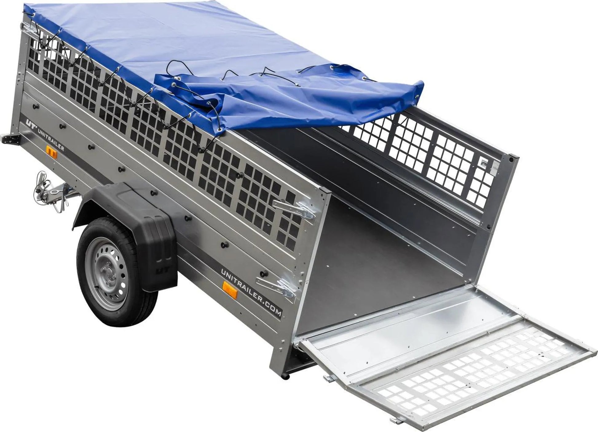 Pkw Transport Anhänger 230x125 Garden Trailer 230 KIPP mit Laubgitteraufsatz, blauer Flachplane, Planenträgern und Stützrad