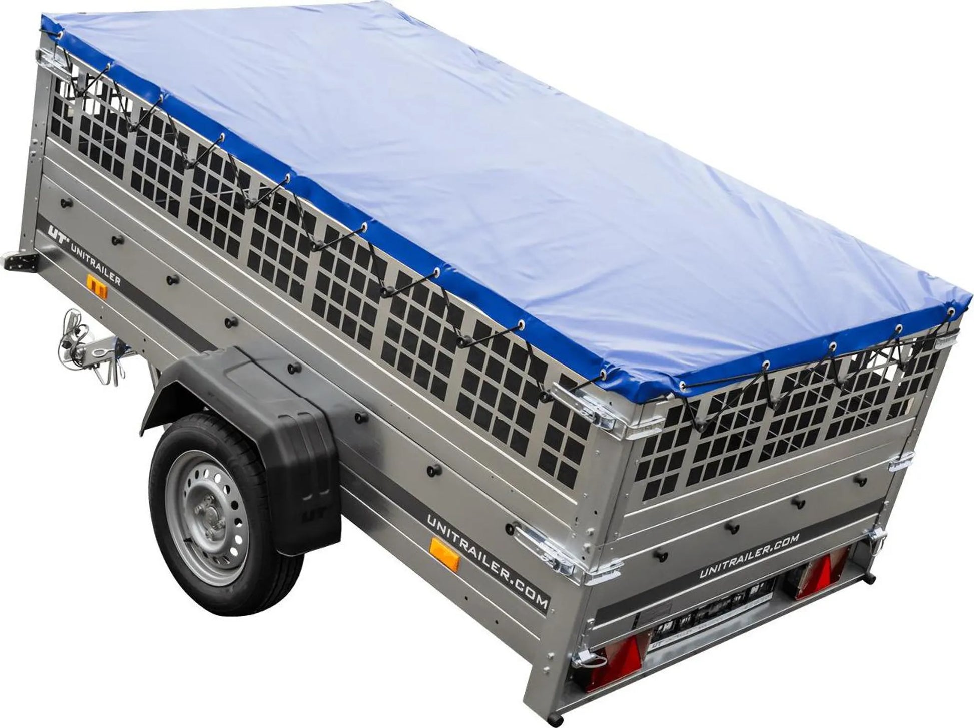 Pkw Transport Anhänger 230x125 Garden Trailer 230 KIPP mit Laubgitteraufsatz, blauer Flachplane, Planenträgern und Stützrad